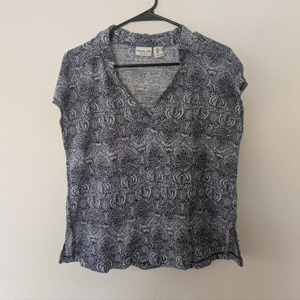 Rachel Zoe 100% Linen Short Sleeve Navy/White Top Collared V-Neck Women's size L